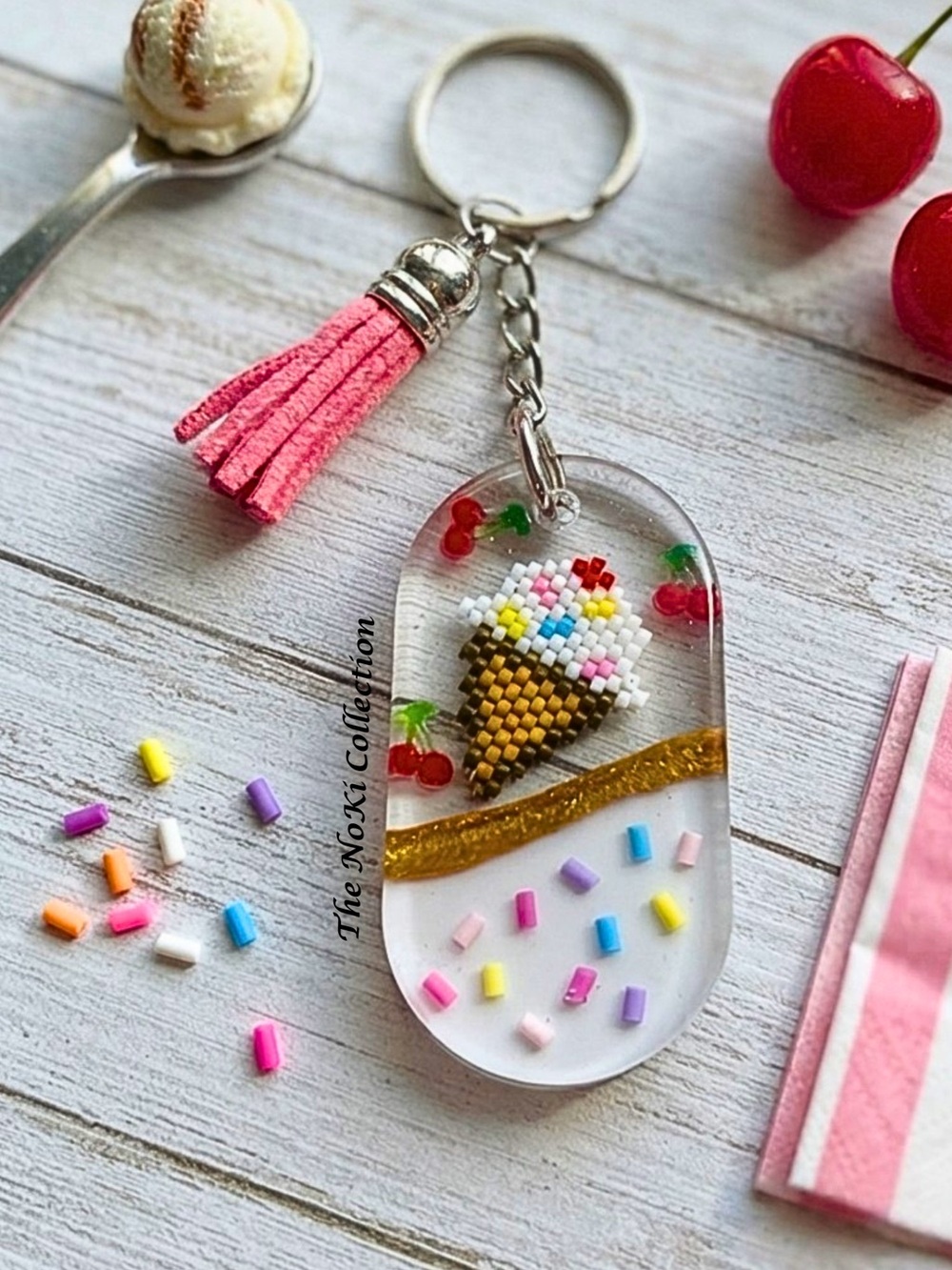 Resin Ice Cream Cone Keychain with Pink Tassel